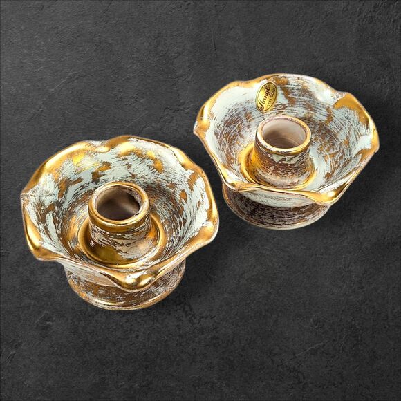 Vintage Stangl 22K Gold Candle Holders #5069 Seafoam Ruffled Mid-Century Pair - Picture 5 of 11